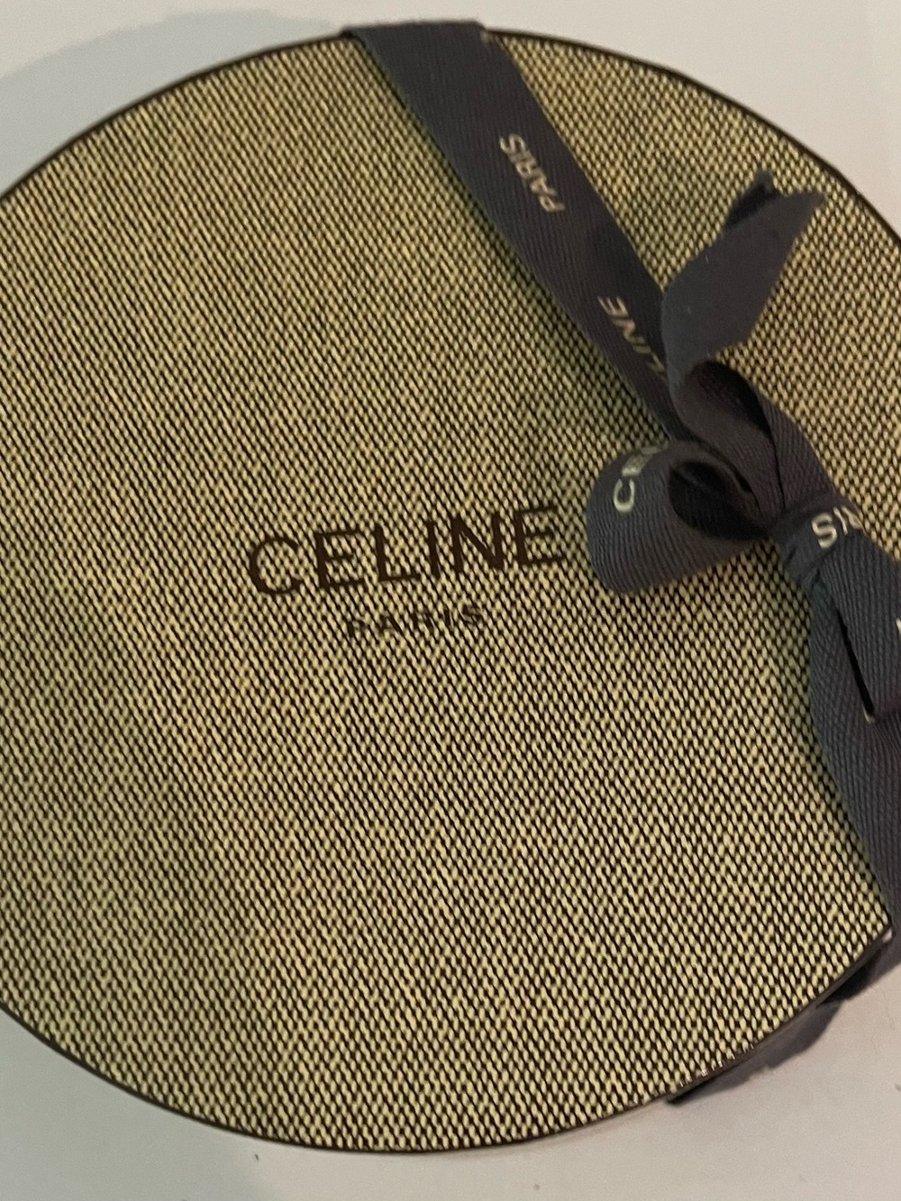 Celine Round Gift Box in Gold and Black with Branded Ribbon